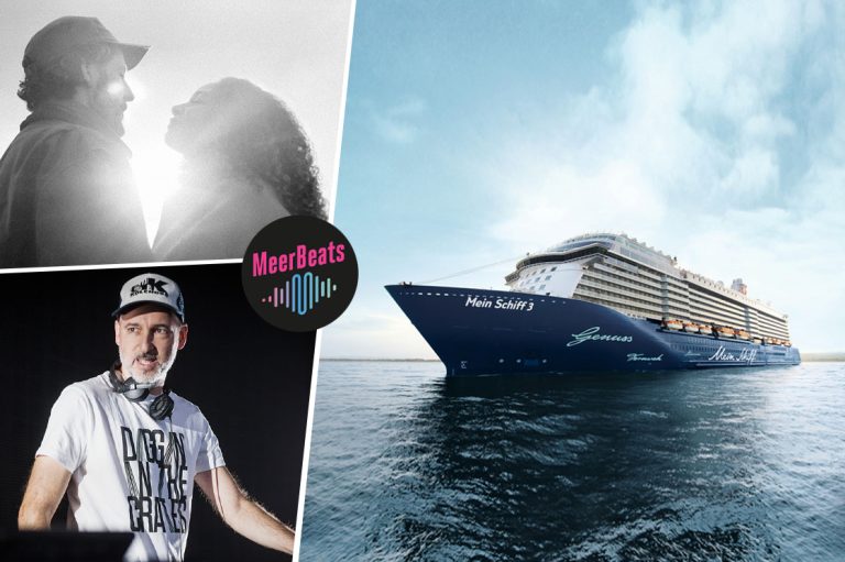 Fotokollage aus Mein Schiff Kreuzfahrtschiff auf der rechten Seite und Musiker Max Herre und Joy Denalane und DJ Friction mit Baseballkappe und Kopfhörern um den Hals gehängt