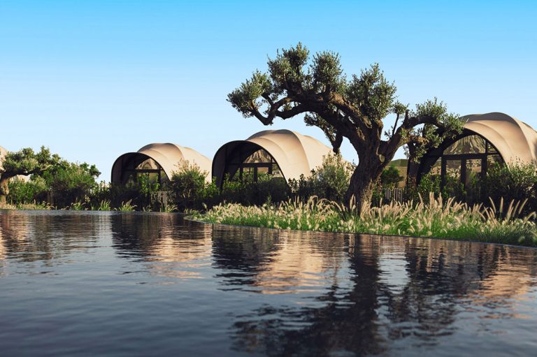 Eine moderne Glamping-Anlage mit kuppelförmigen Zelthäusern, umgeben von üppigem Grün und Olivenbäumen, spiegelt sich in einem ruhigen Infinity-Pool unter klarem, blauem Himmel.