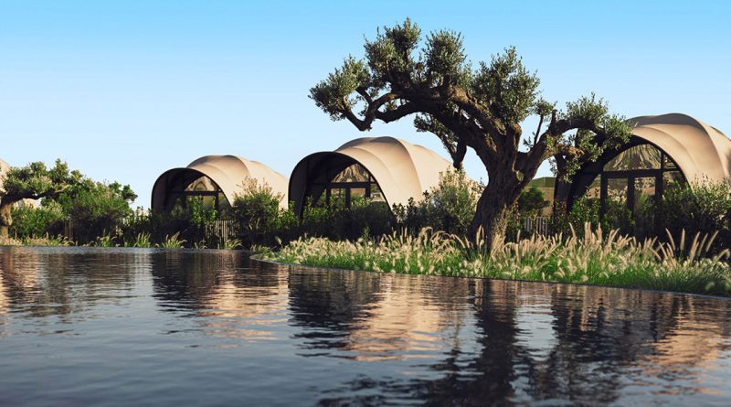 Eine moderne Glamping-Anlage mit kuppelförmigen Zelthäusern, umgeben von üppigem Grün und Olivenbäumen, spiegelt sich in einem ruhigen Infinity-Pool unter klarem, blauem Himmel.