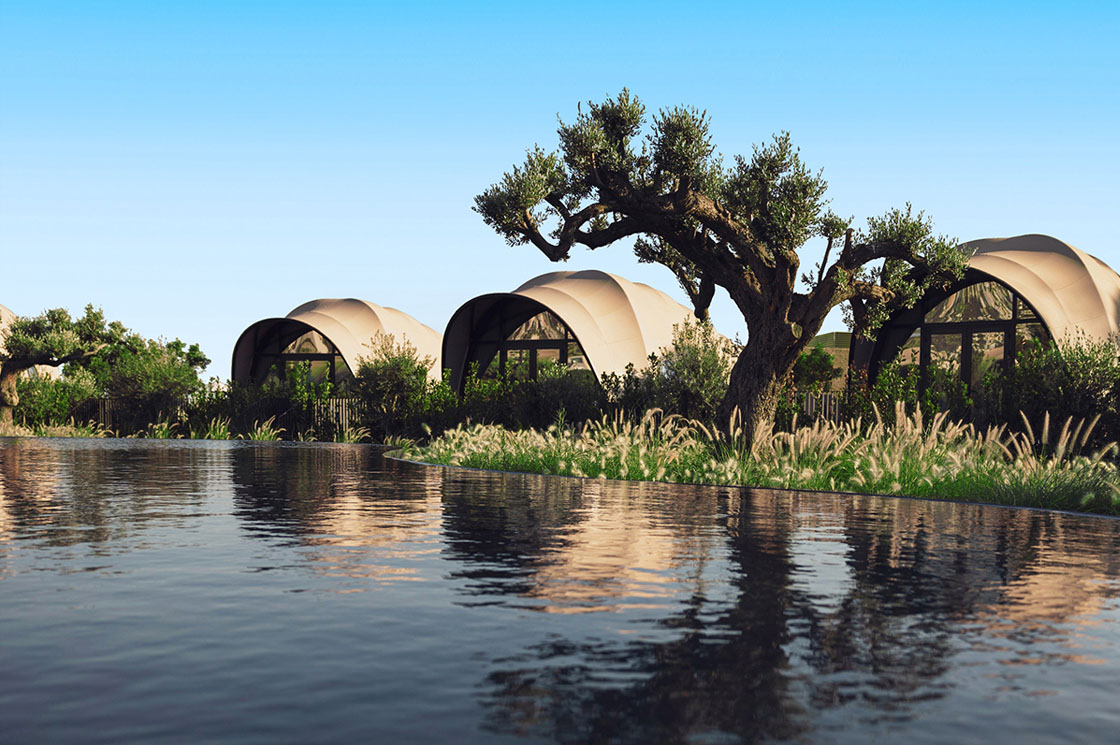 Eine moderne Glamping-Anlage mit kuppelförmigen Zelthäusern, umgeben von üppigem Grün und Olivenbäumen, spiegelt sich in einem ruhigen Infinity-Pool unter klarem, blauem Himmel.