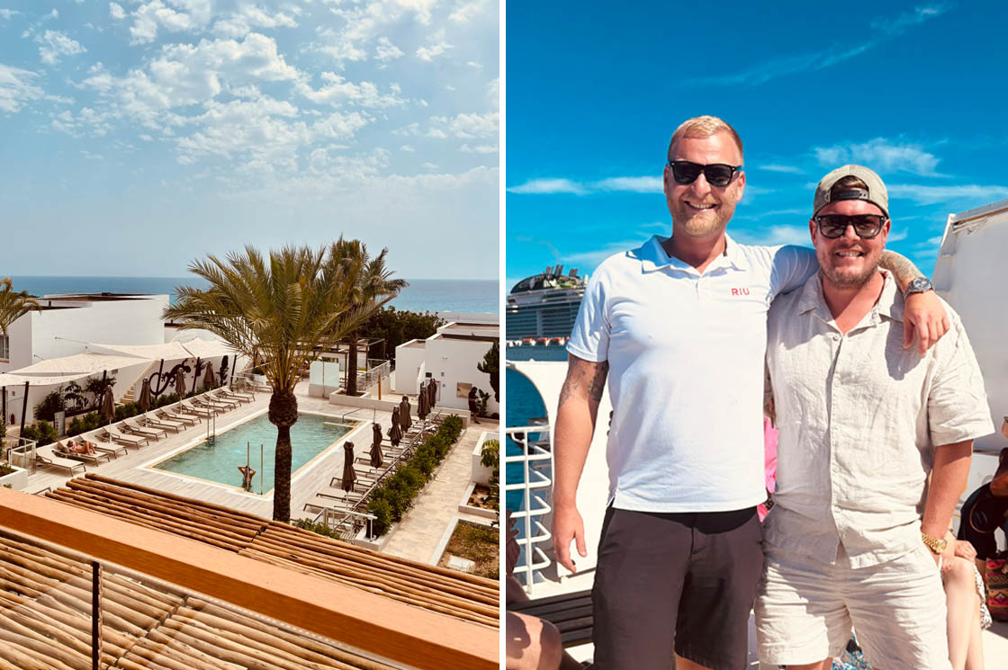 Links: Blick auf einen modernen Hotelpool mit Liegen, Palmen und Meerblick unter leicht bewölktem Himmel. Rechts: Zwei lachende Männer in Sommerkleidung posieren auf einem Schiff vor blauem Himmel im Hintergrund.