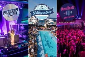 Drei Szenen von Eventkreuzfahrten der Mein Schiff Flotte: links Millennium Cruise mit Bühne und Künstlern, Mitte Schlagermusik-Event am Pooldeck, rechts EDM-Party mit tanzender Menschenmenge bei Lichteffekten.