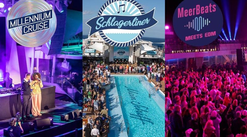 Drei Szenen von Eventkreuzfahrten der Mein Schiff Flotte: links Millennium Cruise mit Bühne und Künstlern, Mitte Schlagermusik-Event am Pooldeck, rechts EDM-Party mit tanzender Menschenmenge bei Lichteffekten.