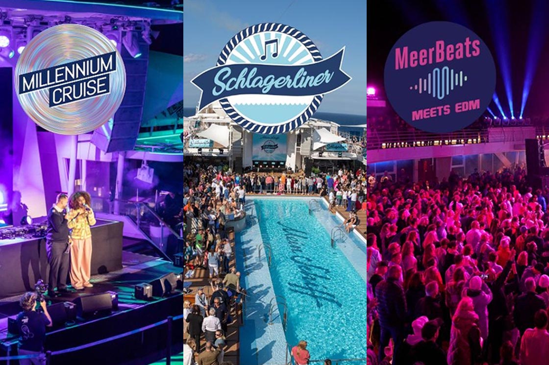 Drei Szenen von Eventkreuzfahrten der Mein Schiff Flotte: links Millennium Cruise mit Bühne und Künstlern, Mitte Schlagermusik-Event am Pooldeck, rechts EDM-Party mit tanzender Menschenmenge bei Lichteffekten.