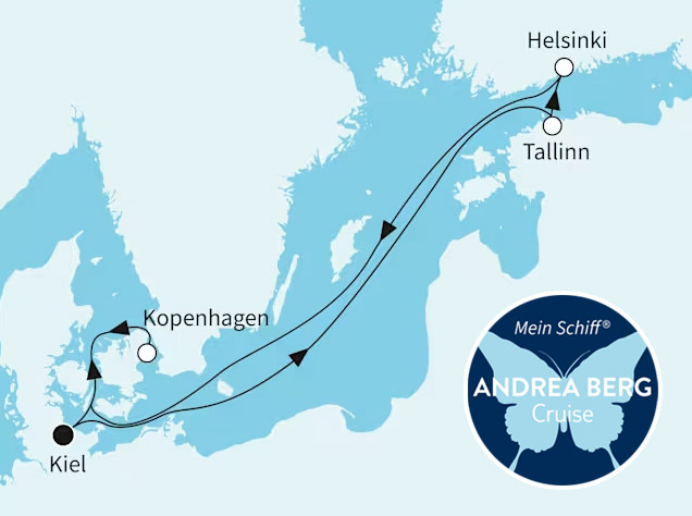 Routenkarte der Andrea Berg Cruise 2026 mit der Mein Schiff: Start in Kiel, Stopps in Kopenhagen, Tallinn und Helsinki.