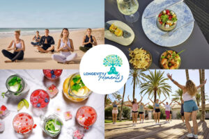 Collage zum Programm „Longevity Moments“ von ROBINSON: Yoga am Strand, gesunde Speisen, erfrischende Getränke und Fitnesskurs im Freien.
