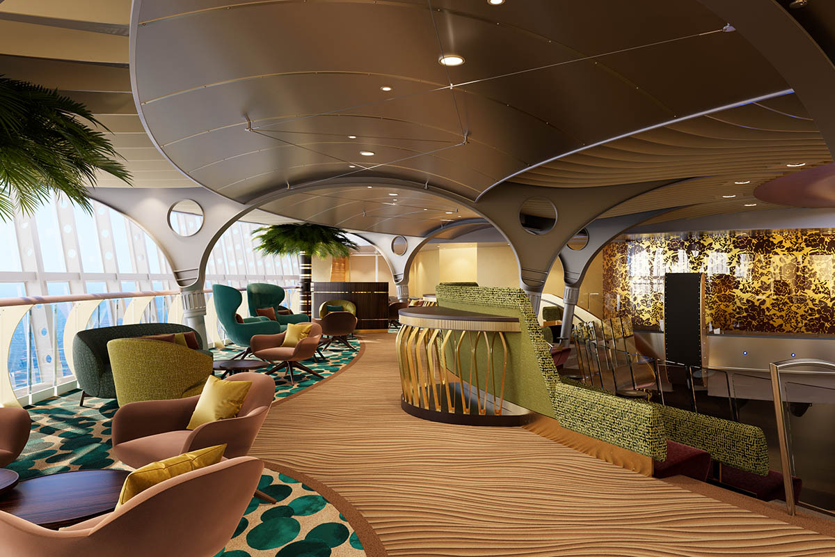 Modernisierte Lounge an Bord der AIDAbella mit geschwungenen Formen, großen Panoramafenstern und gemütlichen Sesseln.