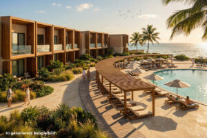 Moderne Hotelanlage mit Pool, Palmen und Meerblick im ROBINSON Boa Vista auf den Kapverden (KI-generiertes Beispielbild).