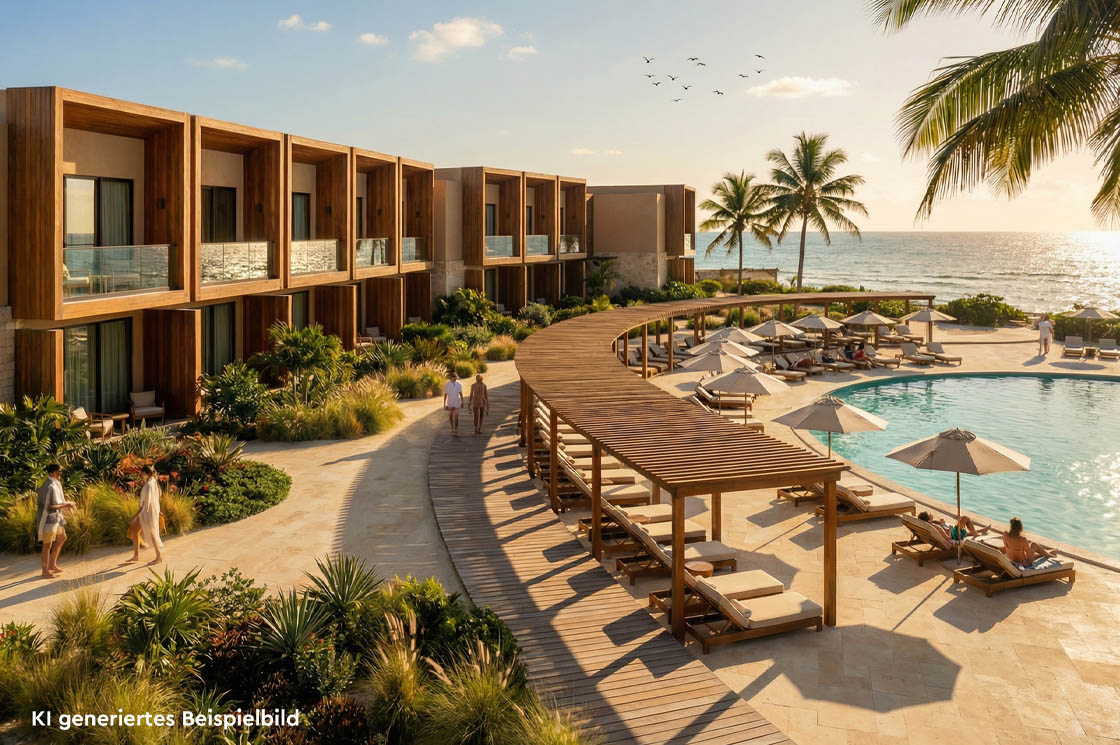 Moderne Hotelanlage mit Pool, Palmen und Meerblick im ROBINSON Boa Vista auf den Kapverden (KI-generiertes Beispielbild).